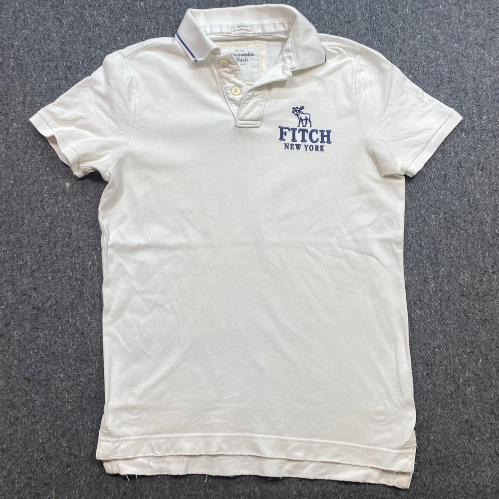 Abercrombie Fitch Polo Sz L Mens White Skater Muscle Fit Raw Hem Moose Logo